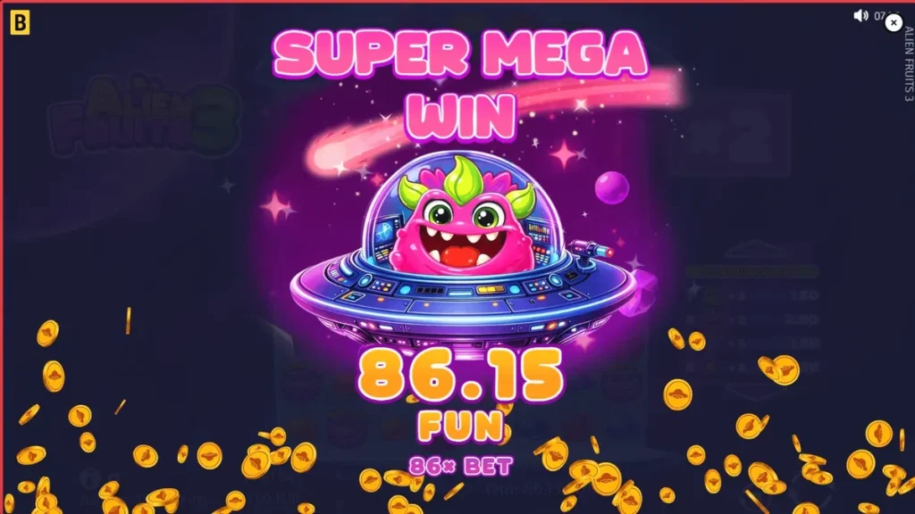 Tampilan visual slot Alien Fruits 3 dengan tema luar angkasa dan neon